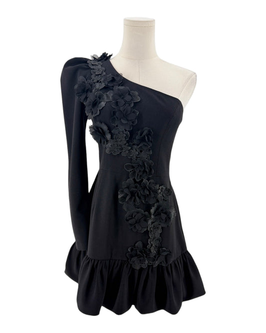 Black mini dress with only one long sleeve with black floral applique on one side