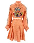 Hand embroidered orange linen dress with lace sleeves