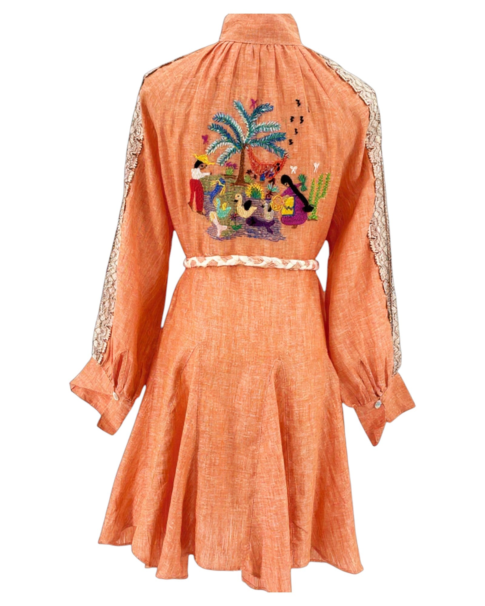 Hand embroidered orange linen dress with lace sleeves