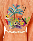 Hand embroidered orange linen dress with lace sleeves