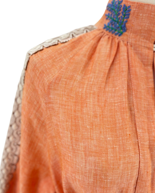 Hand embroidered orange linen dress with lace sleeves