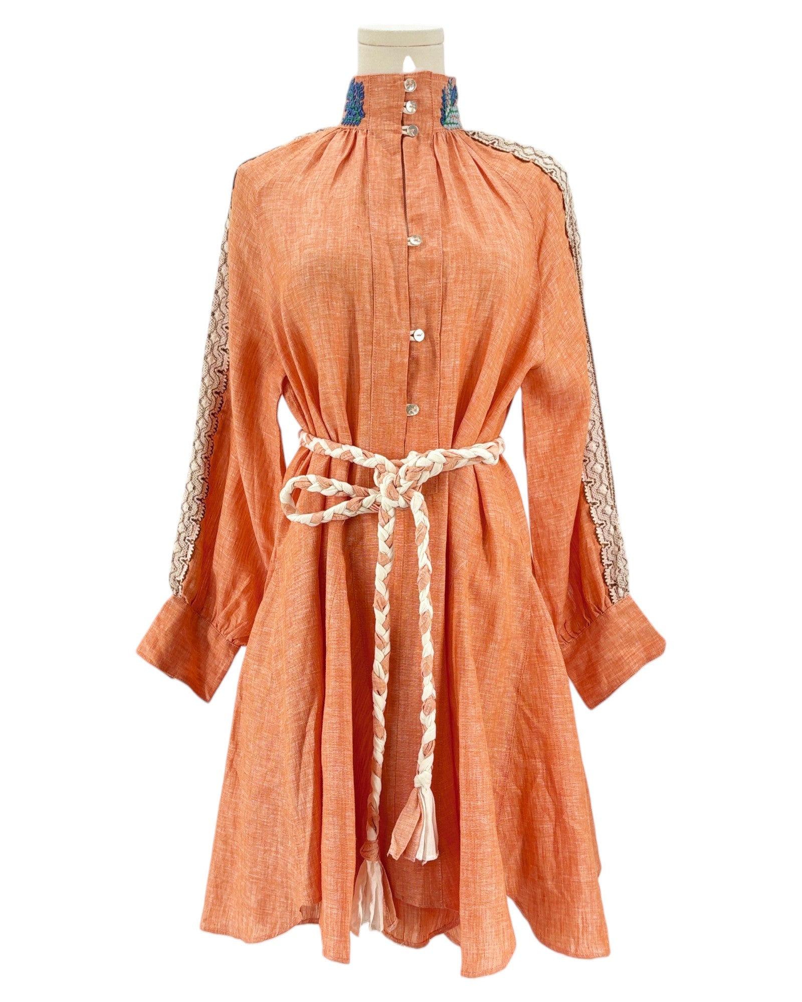 Hand embroidered orange linen dress with lace sleeves
