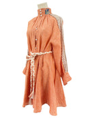 Hand embroidered orange linen dress with lace sleeves