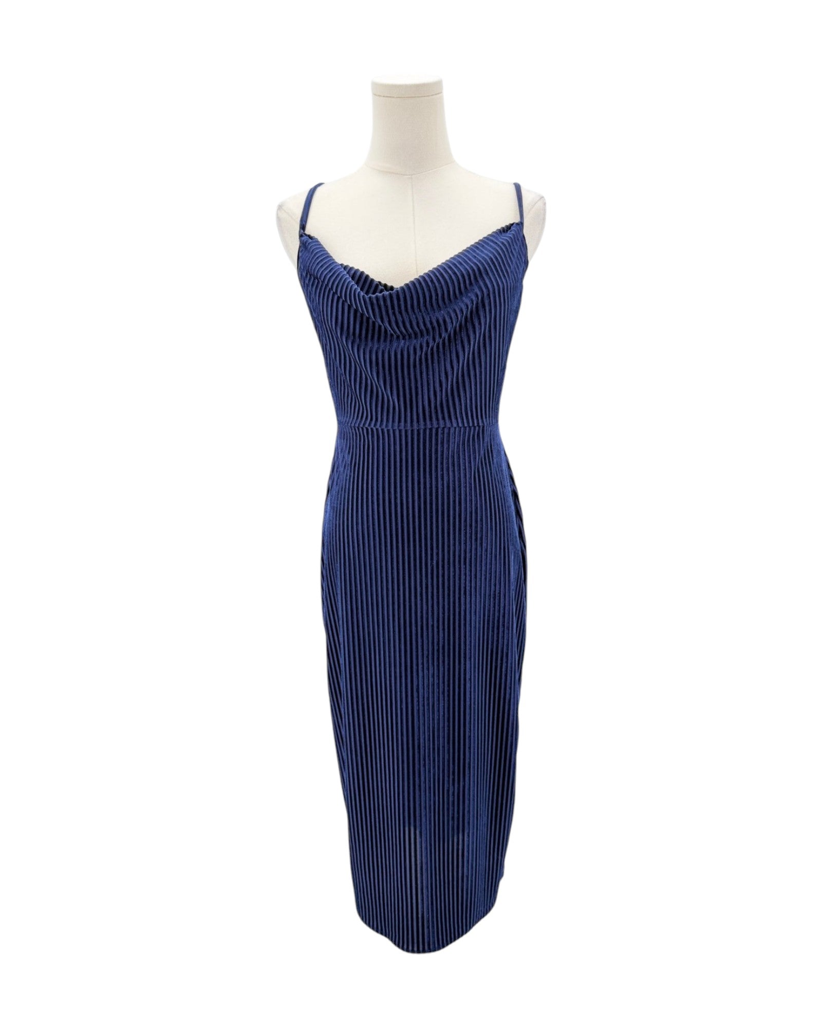 Navy blue dress on a white background