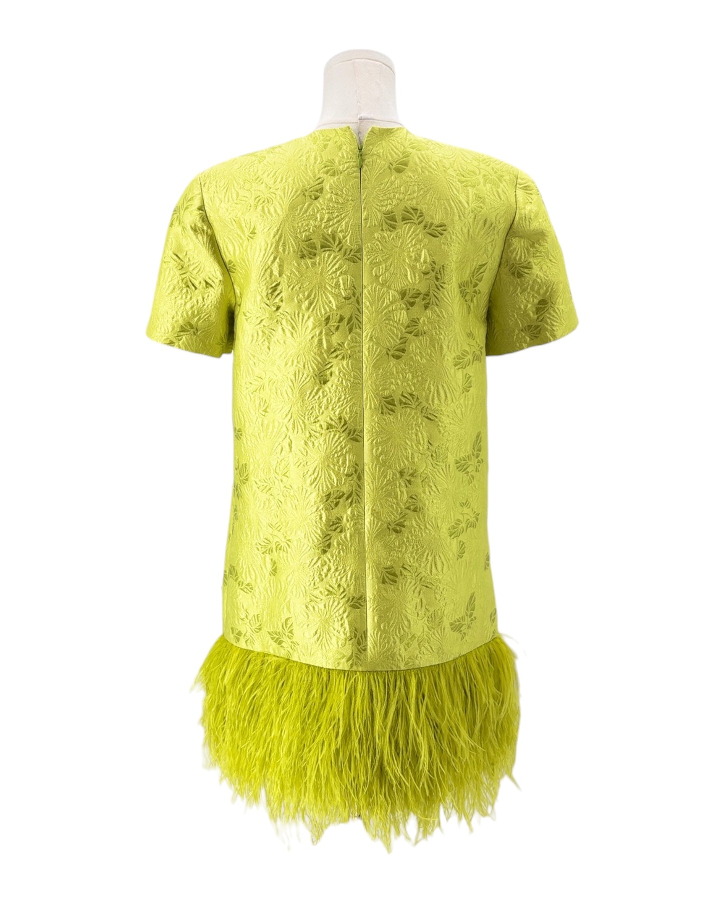 Green lace dress with feathered bottom on a mannequin against a white background