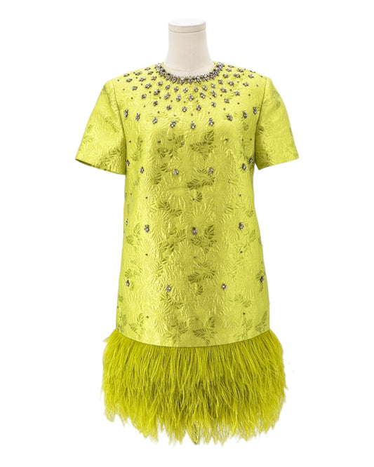 Green dress with feathered skirt on a mannequin against a white background