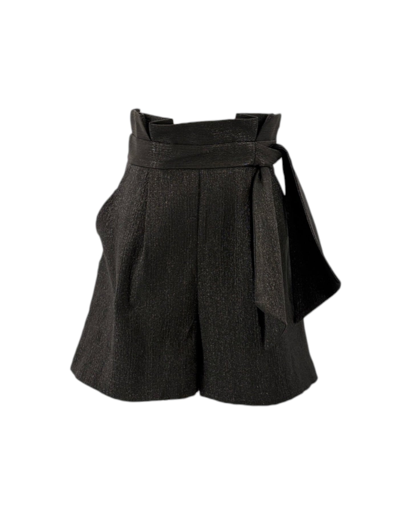 Black metallic shorts with a belt on a white background