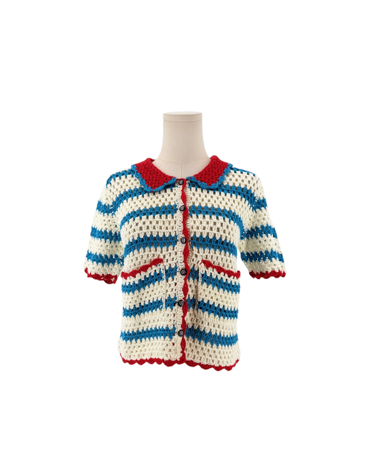 Blue white and red short sleeve, front patch pockets, button front, vertical striped print, peter pan style collar cardigan sweater on a white background on a mannequin