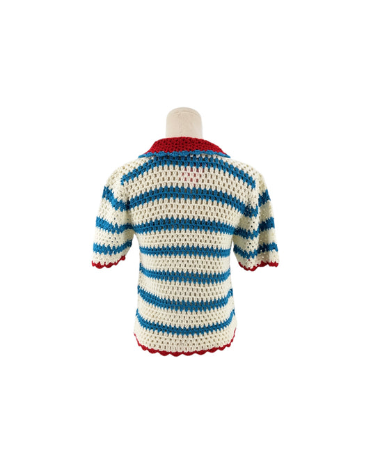 Blue white and red short sleeve, front patch pockets, button front, vertical striped print, peter pan style collar cardigan sweater on a white background on a mannequin