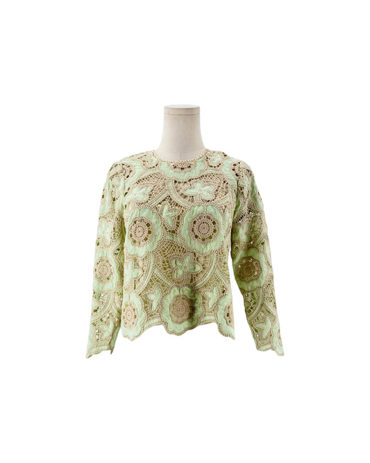 Long sleeve, minty pastel green and off white cream, tactile open-work lace, scalloped edge. On a white background on a mannequin.