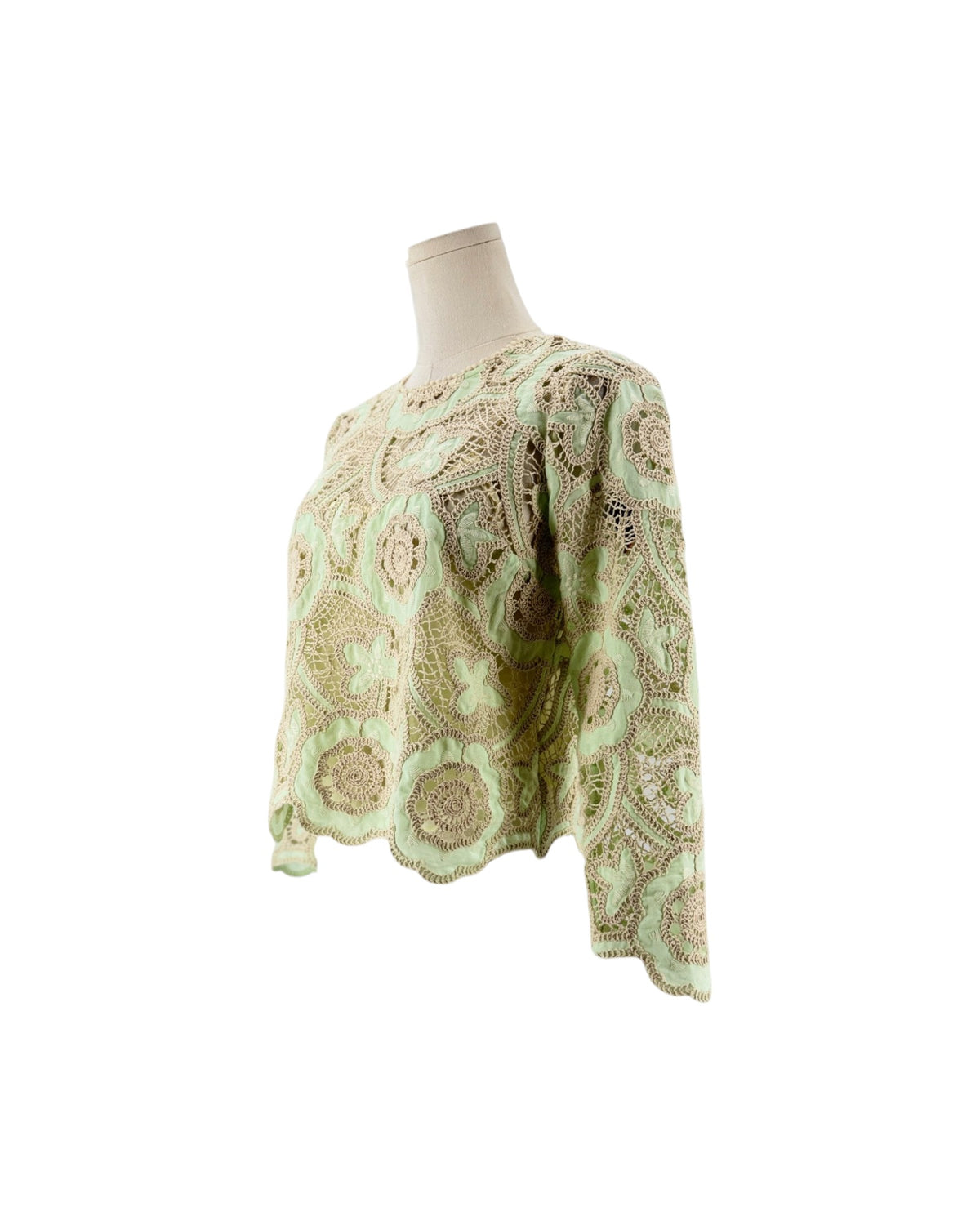 Long sleeve, minty pastel green and off white cream, tactile open-work lace, scalloped edge. On a white background on a mannequin.