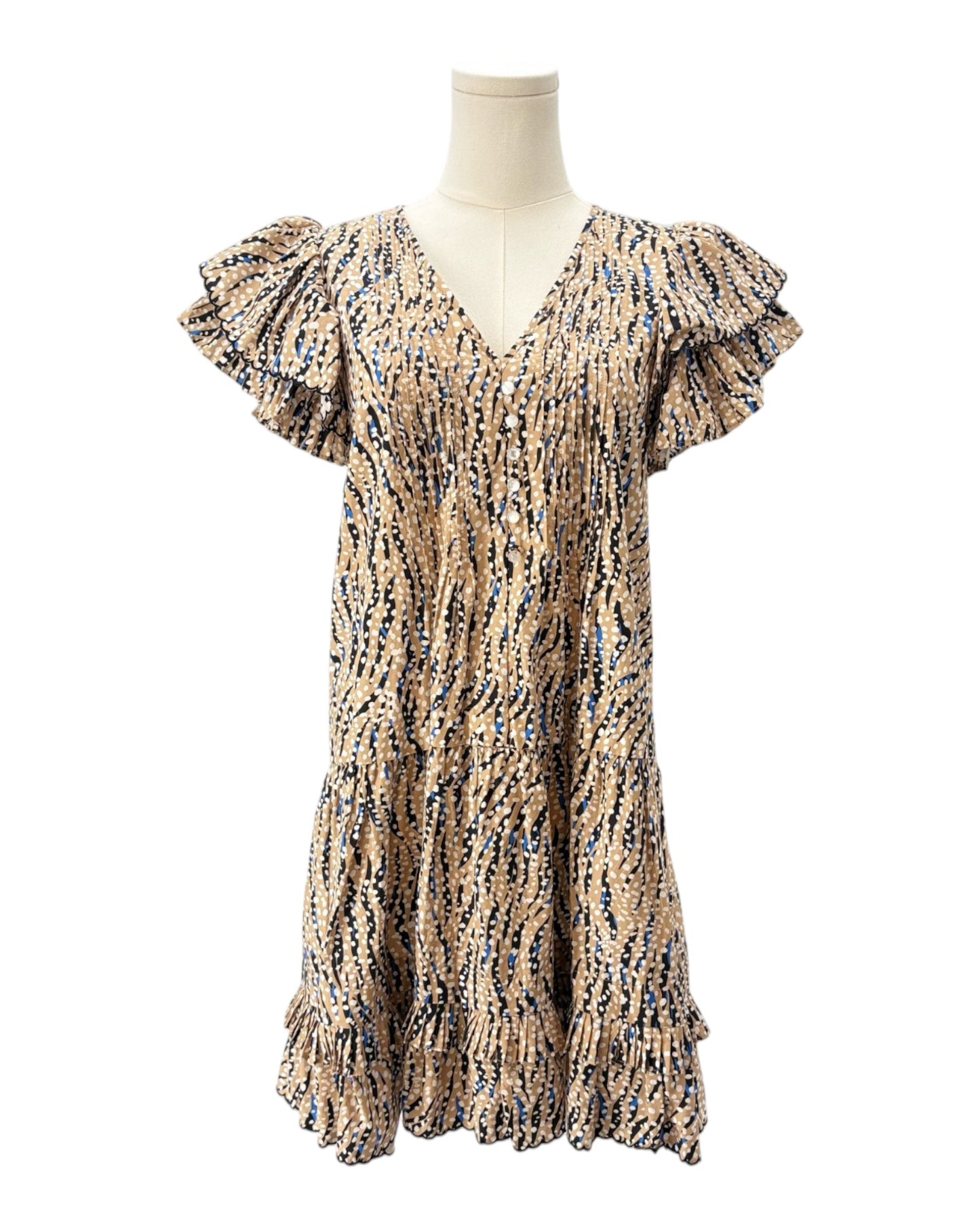 Hunter Bell patterned dress on a mannequin against a white background