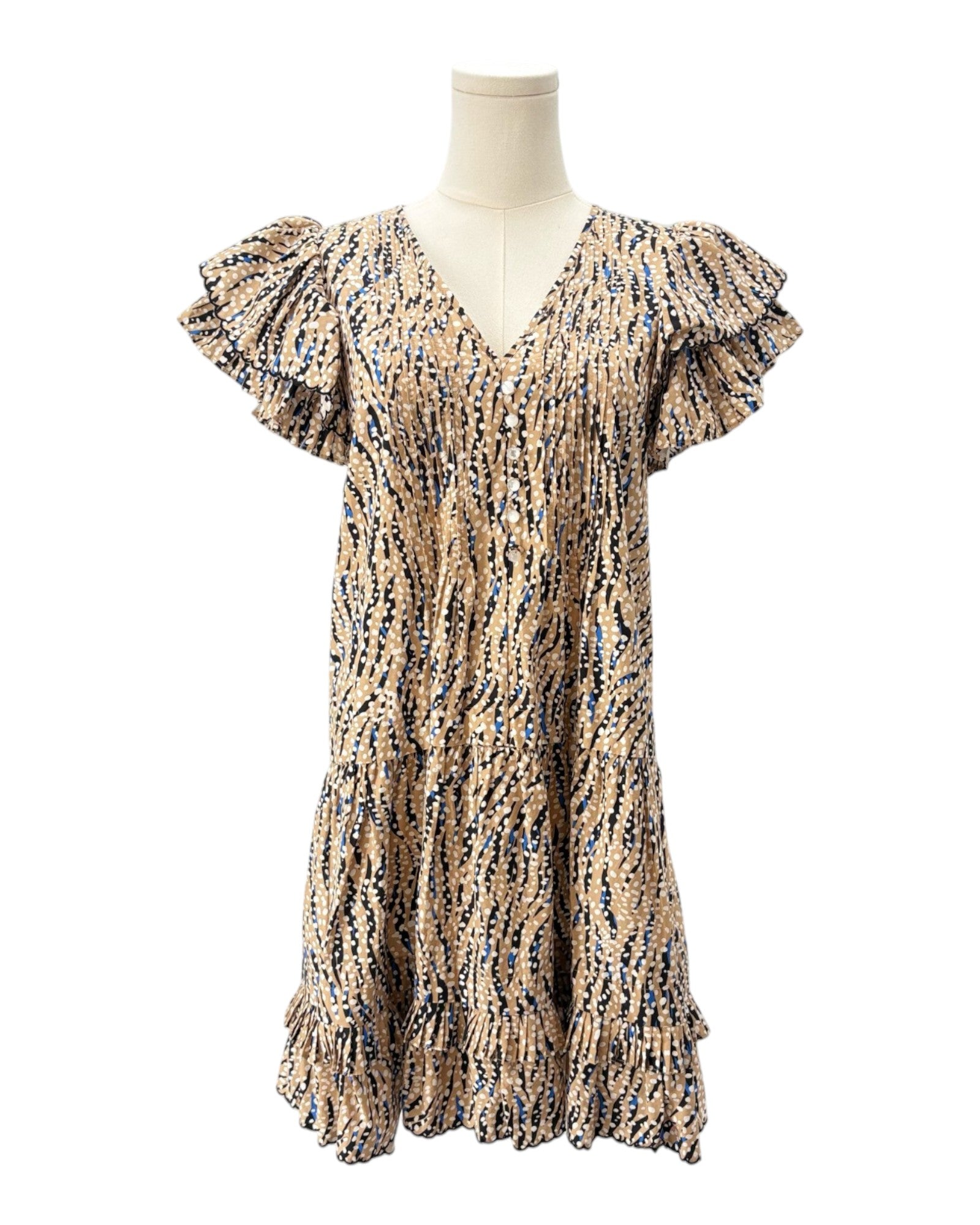 Hunter Bell patterned dress on a mannequin against a white background