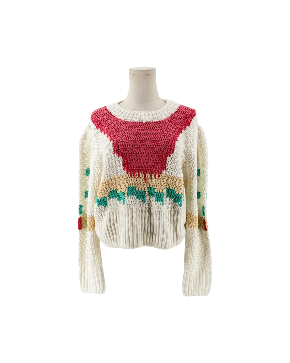 Hand crochet design, full length sleeves, banded crew neckline, ribbed hem and cuffed sleeves sweater on a white background on a mannequin