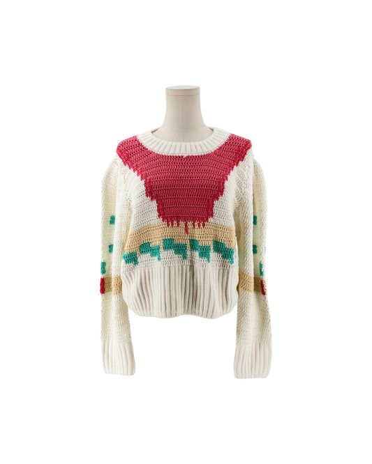 Hand crochet design, full length sleeves, banded crew neckline, ribbed hem and cuffed sleeves sweater on a white background on a mannequin