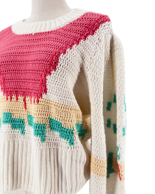 Hand crochet design, full length sleeves, banded crew neckline, ribbed hem and cuffed sleeves sweater on a white background on a mannequin