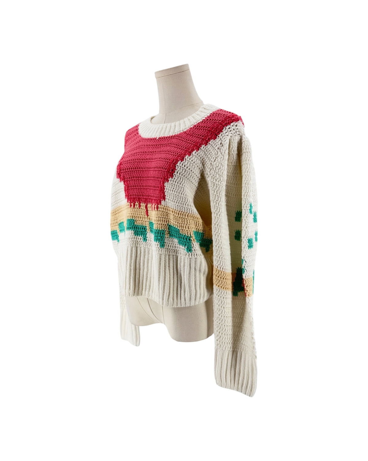 Hand crochet design, full length sleeves, banded crew neckline, ribbed hem and cuffed sleeves sweater on a white background on a mannequin