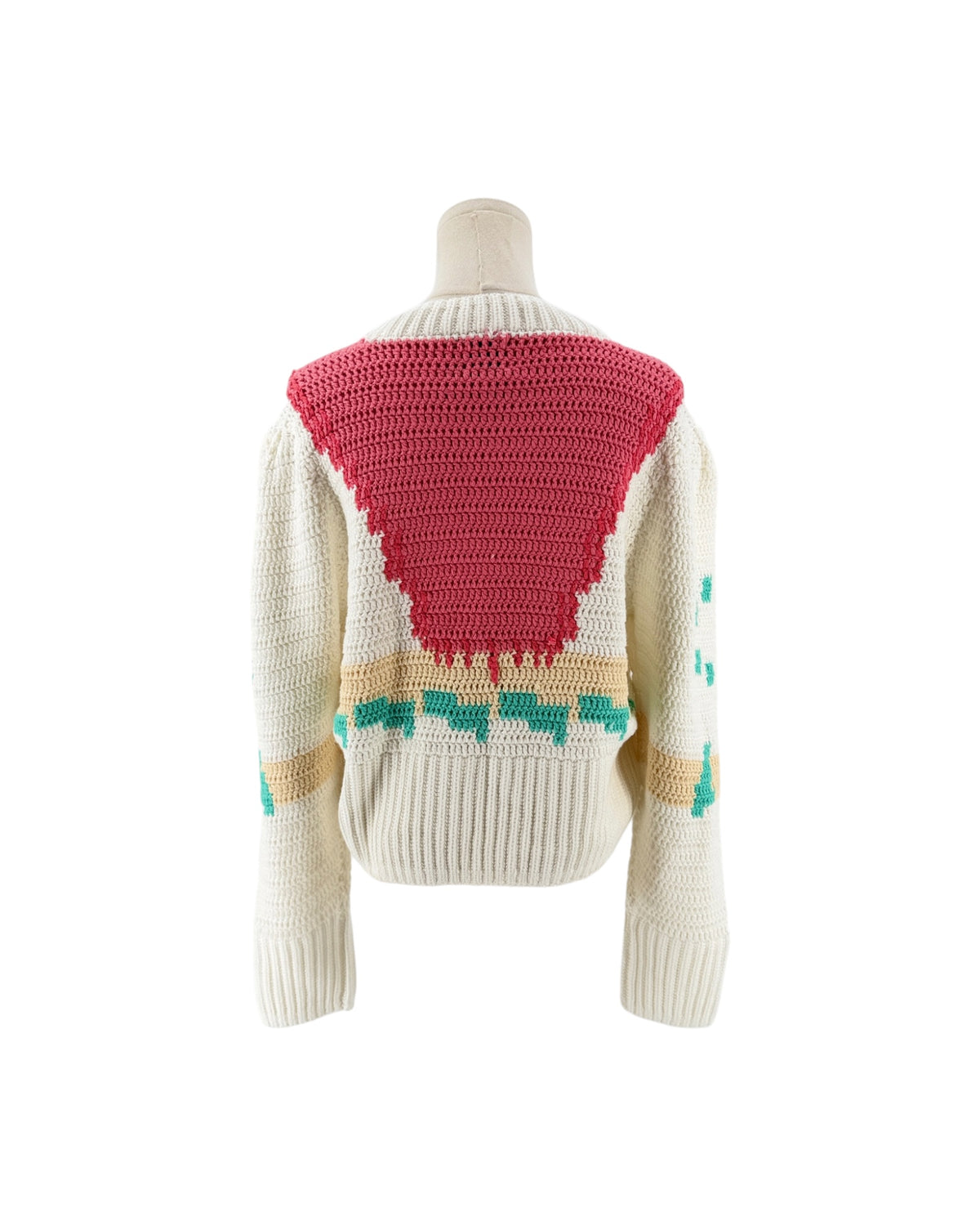 Hand crochet design, full length sleeves, banded crew neckline, ribbed hem and cuffed sleeves sweater on a white background on a mannequin