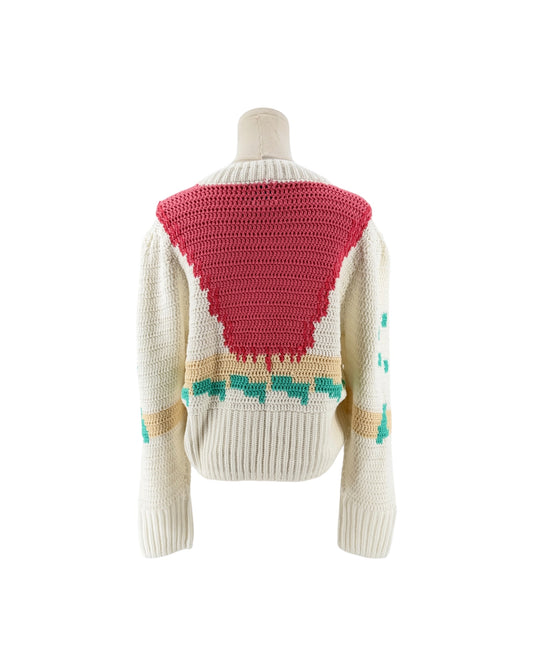 Hand crochet design, full length sleeves, banded crew neckline, ribbed hem and cuffed sleeves sweater on a white background on a mannequin