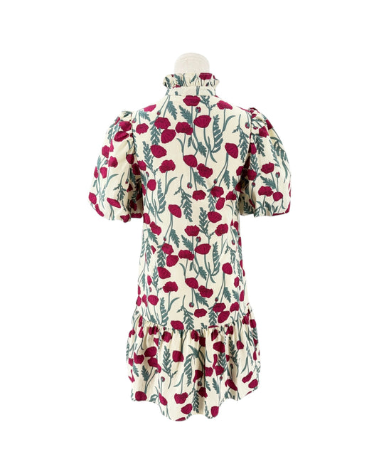 Floral mini dress with a ruffle neck on a white background on a mannequin