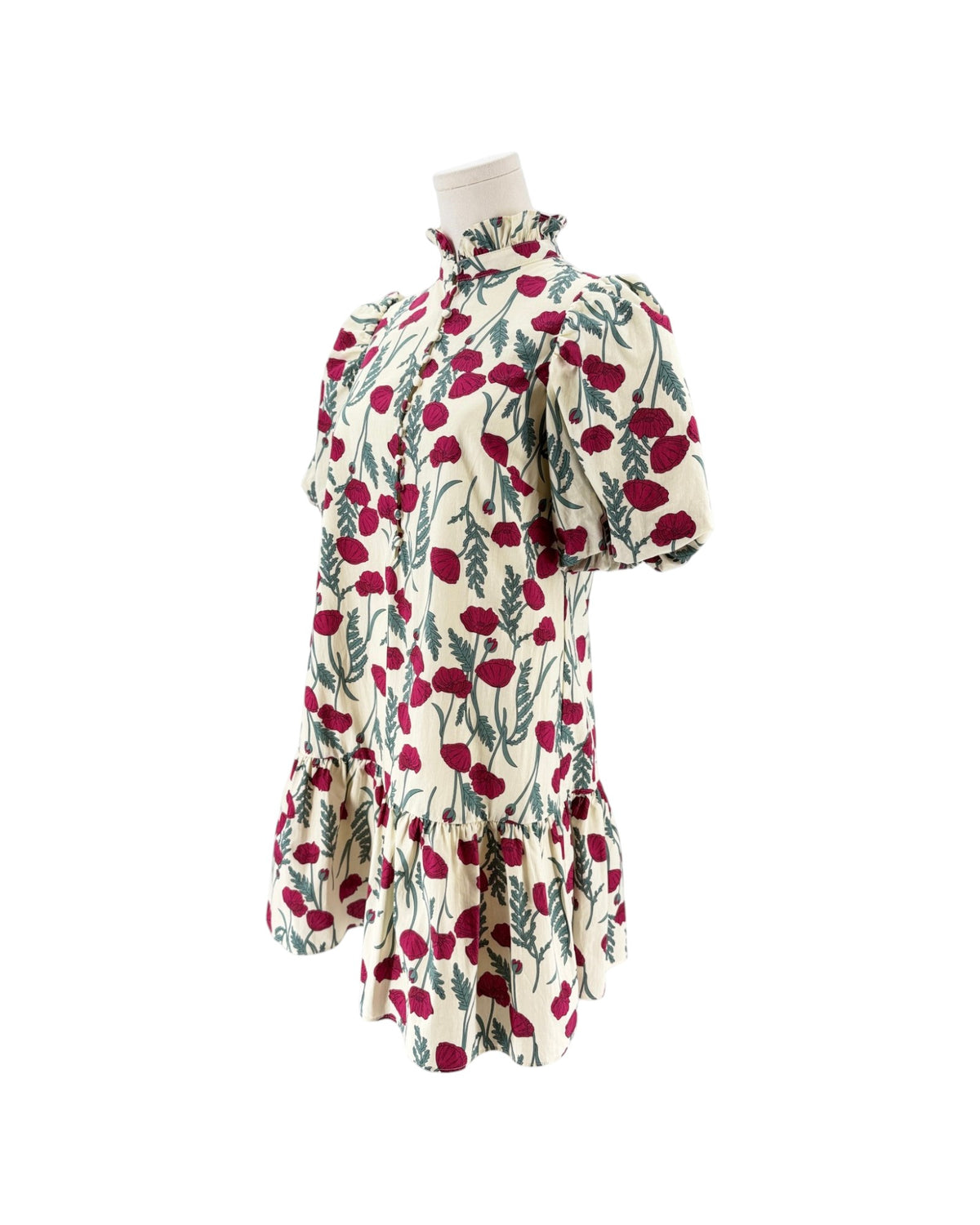 Floral mini dress with a ruffle neck on a white background on a mannequin