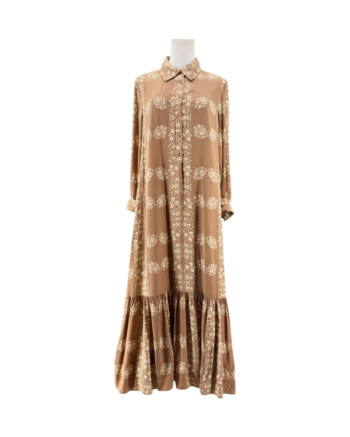 Tan and cream floral long sleeve Maxi dress with button down front and collar on a mannequin on a white background