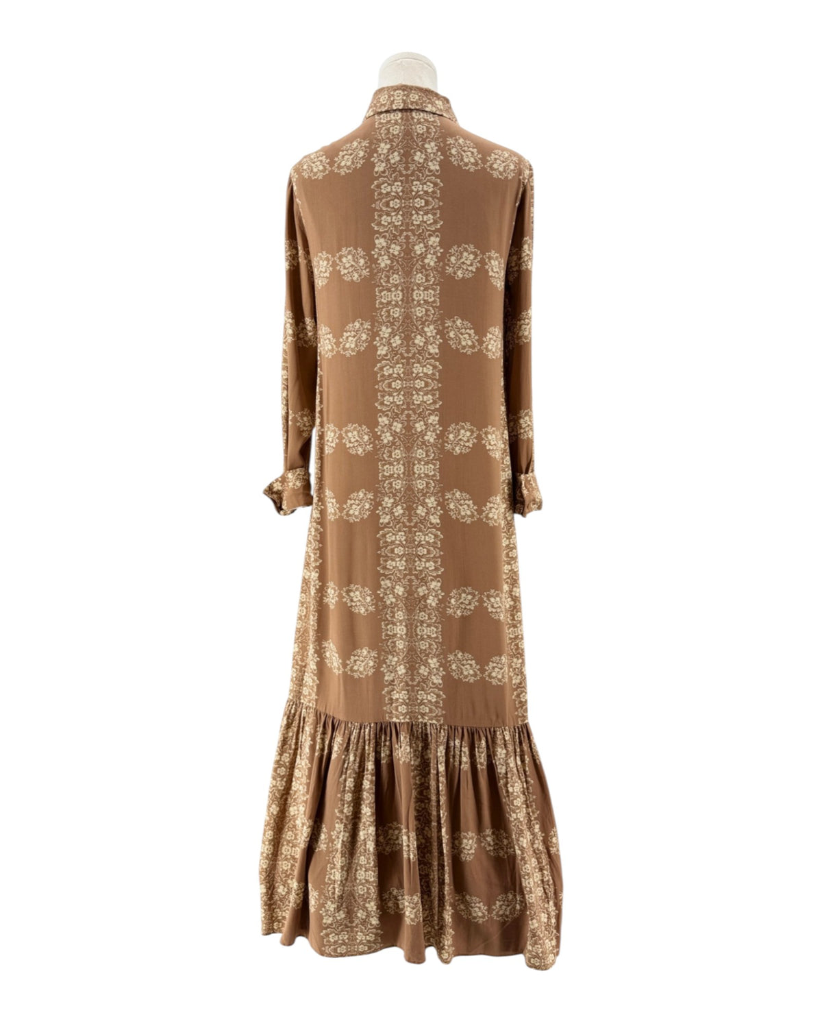 Tan and cream floral long sleeve Maxi dress on a mannequin on a white background