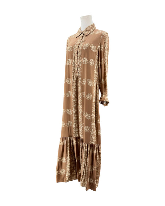 Tan and cream floral long sleeve Maxi dress with button down front and collar on a mannequin on a white background