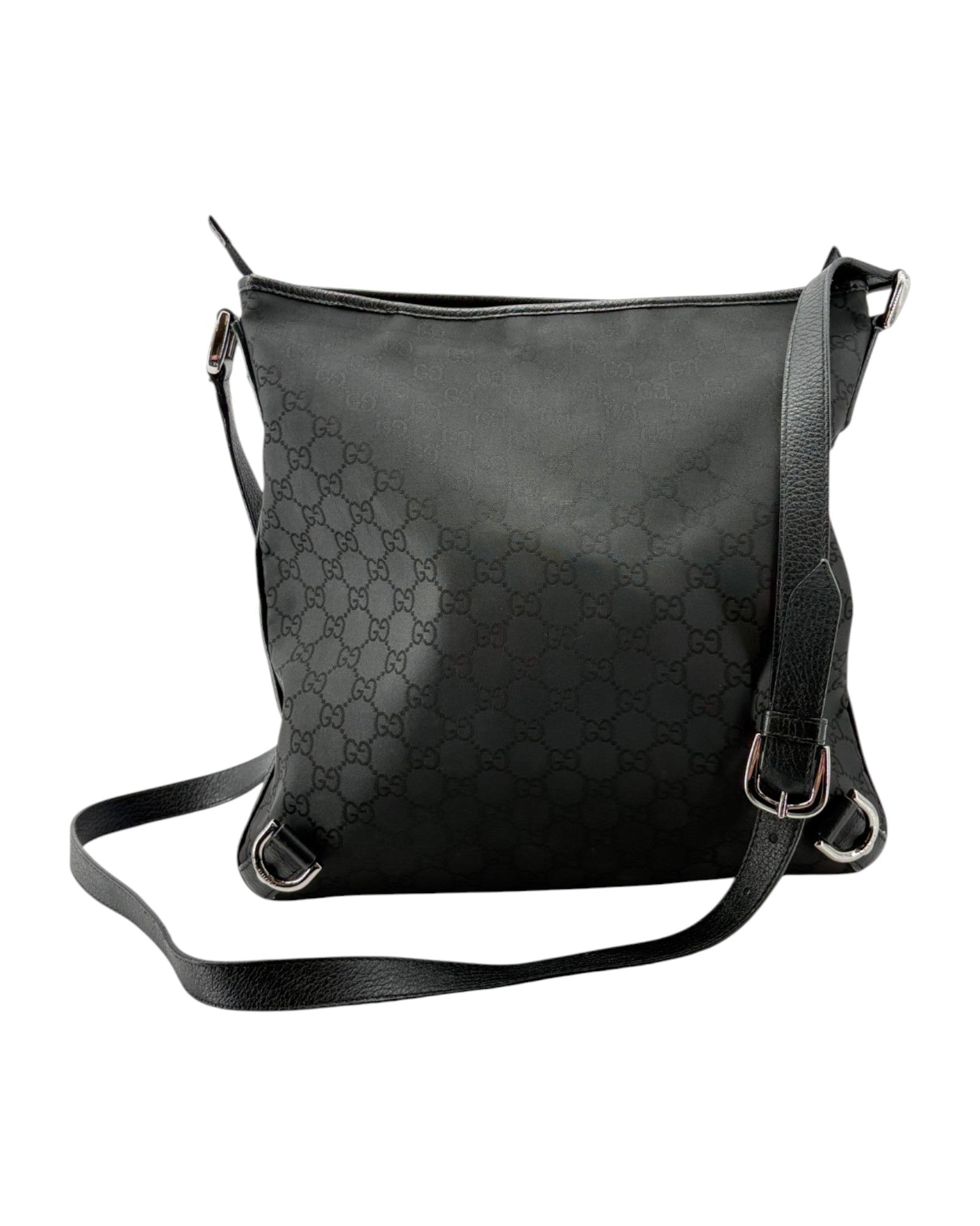 Black leather handbag with a pattern on a white background