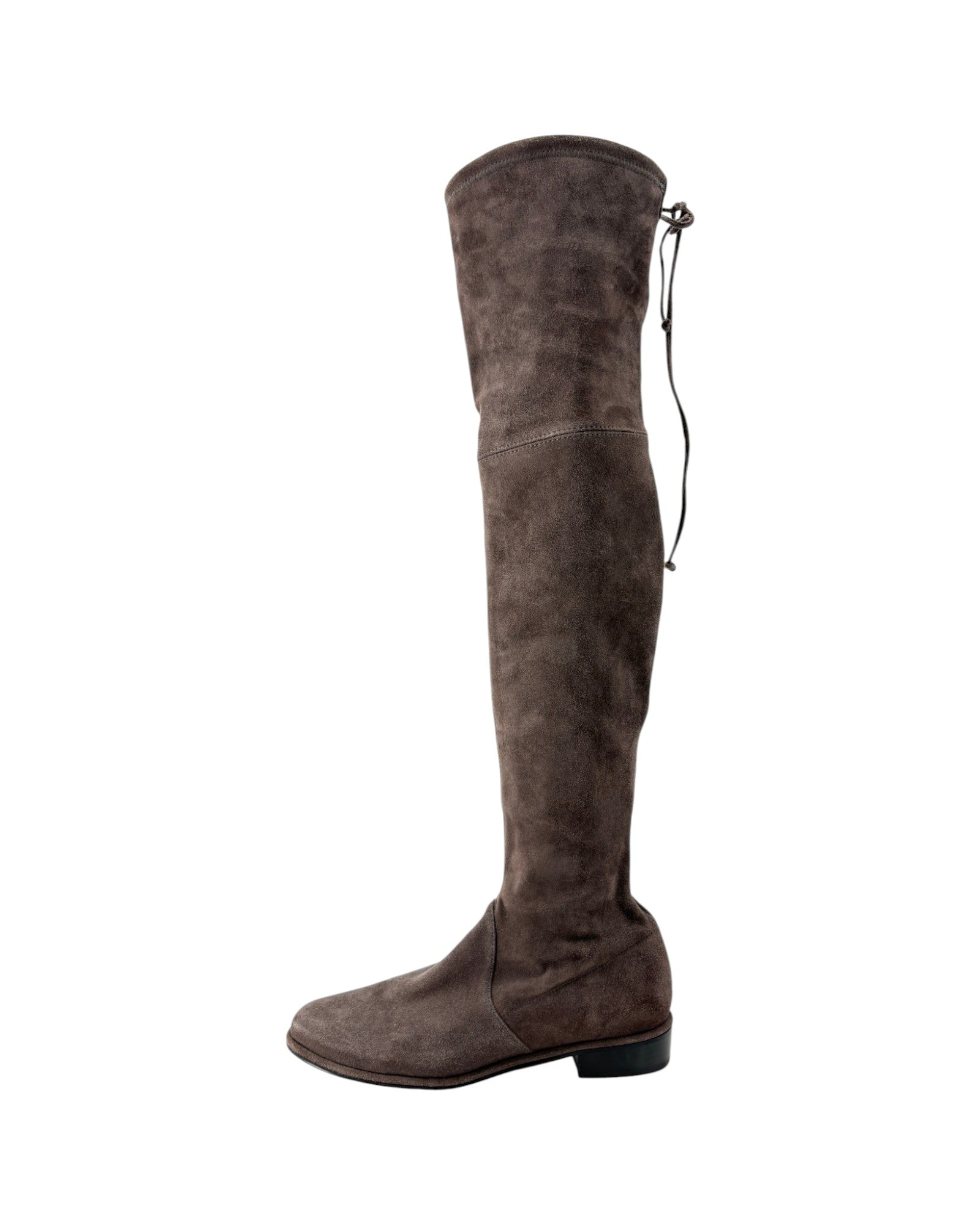 A single knee-high suede boot in a dark brown color, shown from a side profile against a plain white background.