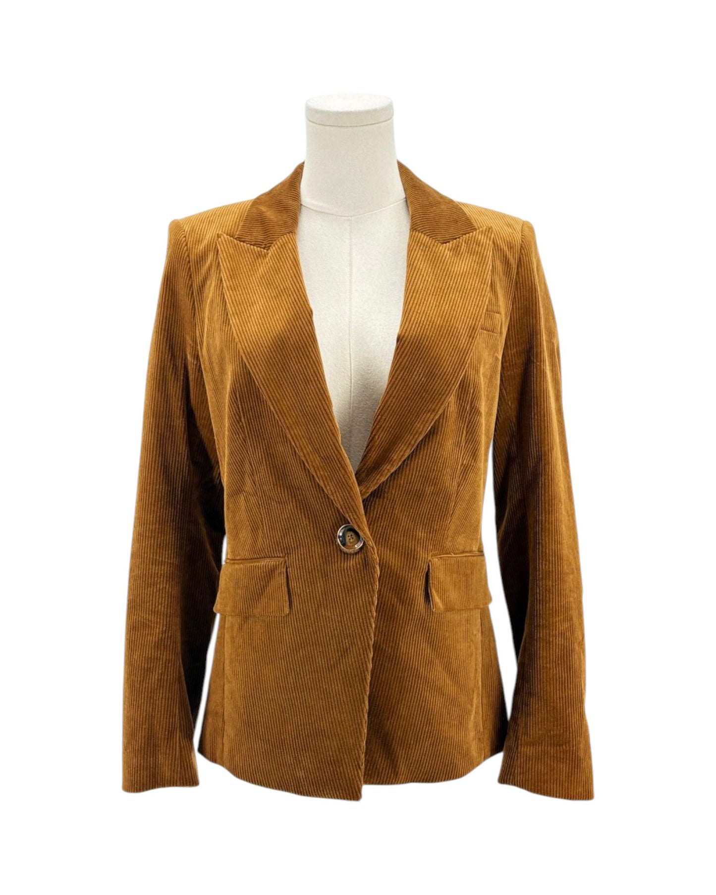 Brown corduroy blazer on a mannequin against a white background