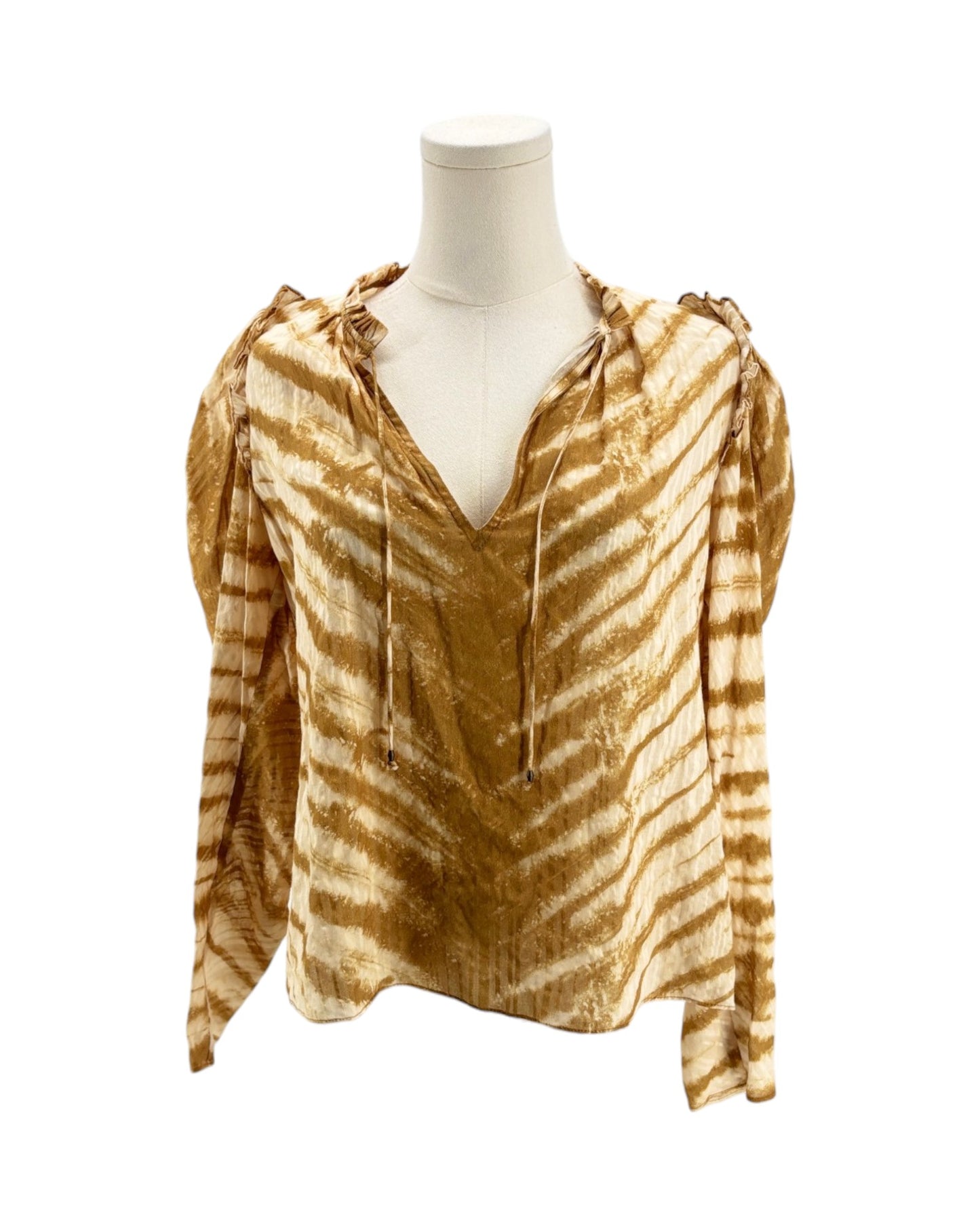 Mannequin wearing a gold and brown tie-dye shirt on a white background