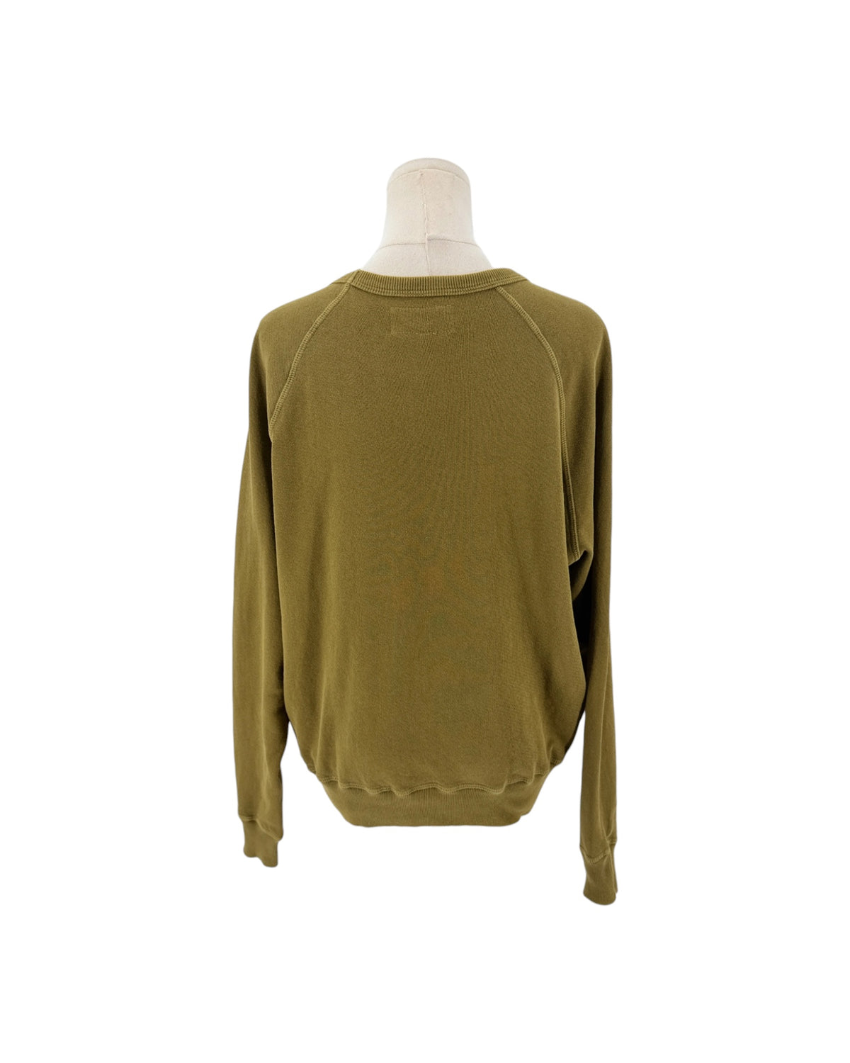 Green Classic crew-neck sweatshirt, blue embroidery flowers across the front on a white background on a mannequin