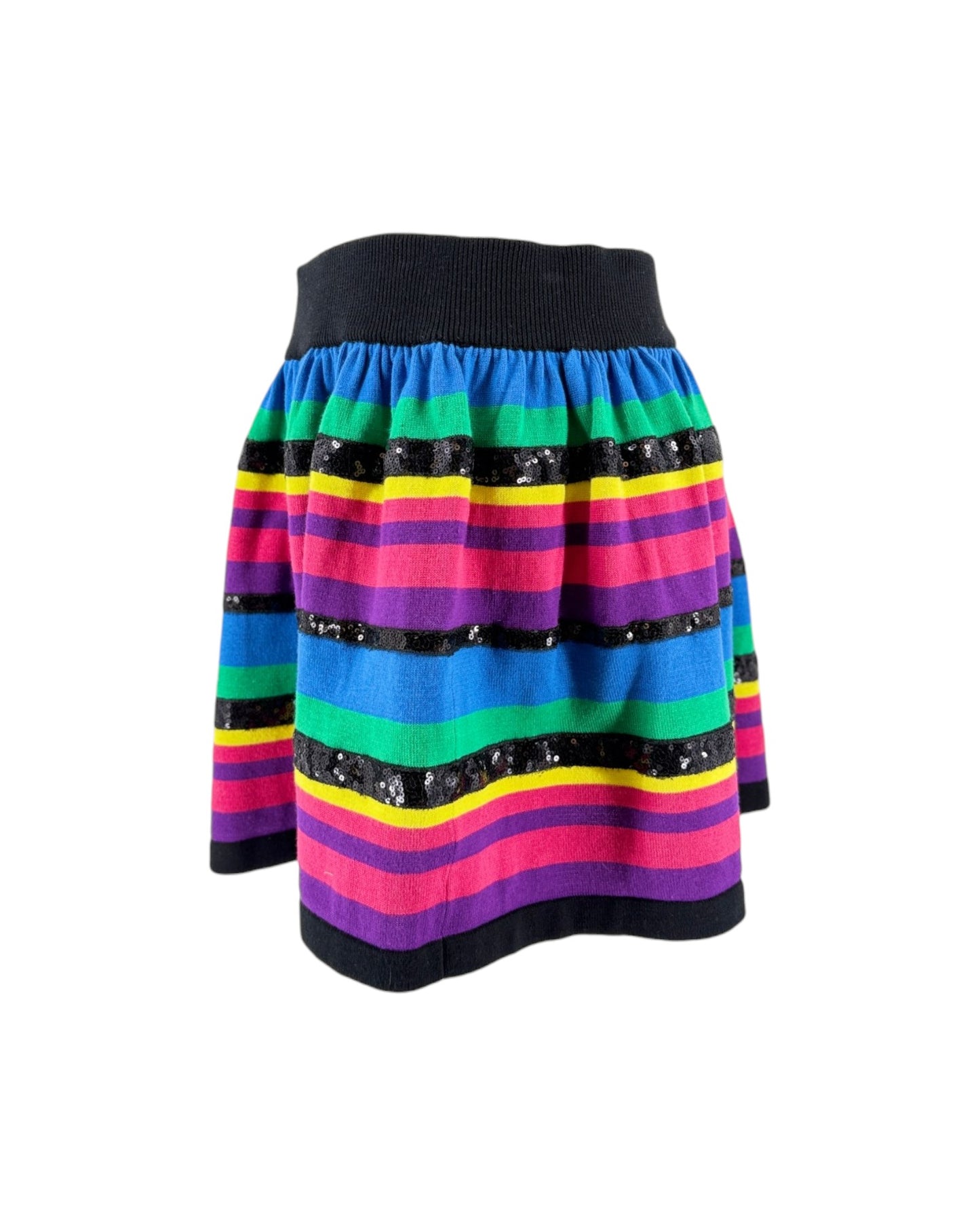 A colorful striped knit skirt with horizontal bands of blue, green, yellow, pink, purple, and black, accented with sequined black bands, shown against a plain white background.