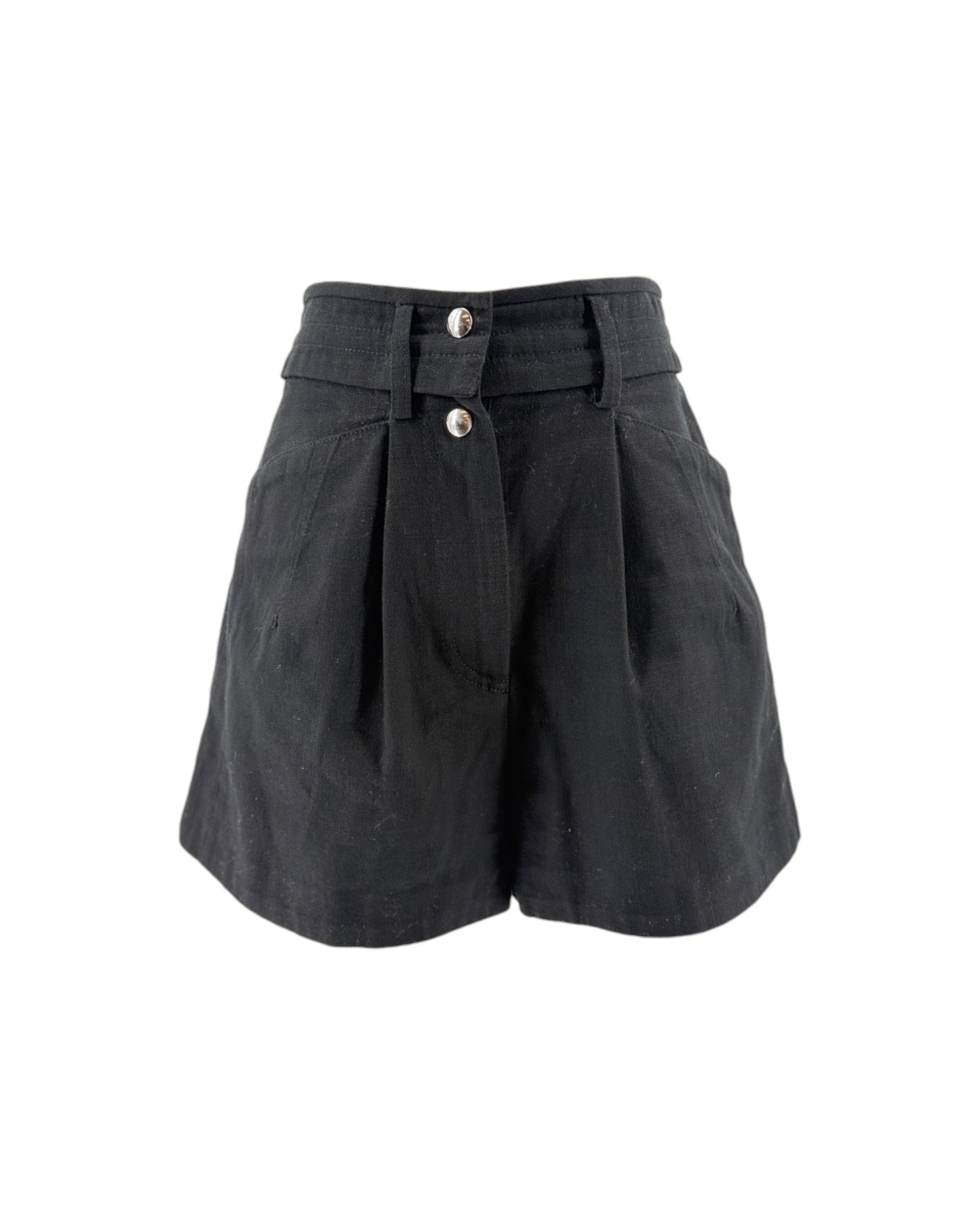 Black high-waisted pleated shorts with a matching fabric belt and two silver-tone buttons, shown against a plain white background.