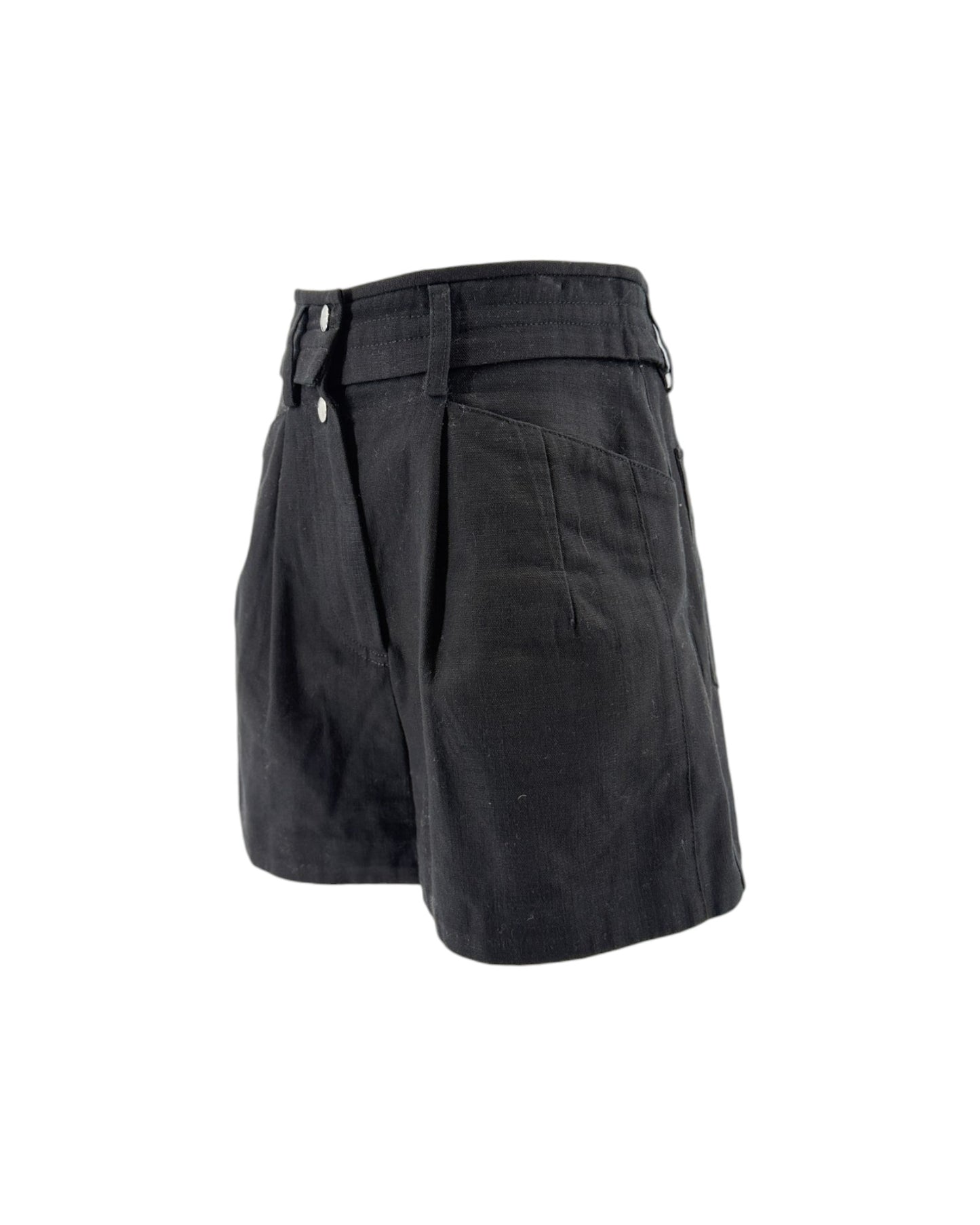 Black pleated shorts with a belt loop and button closure, shown from a three-quarter angle on a white background.