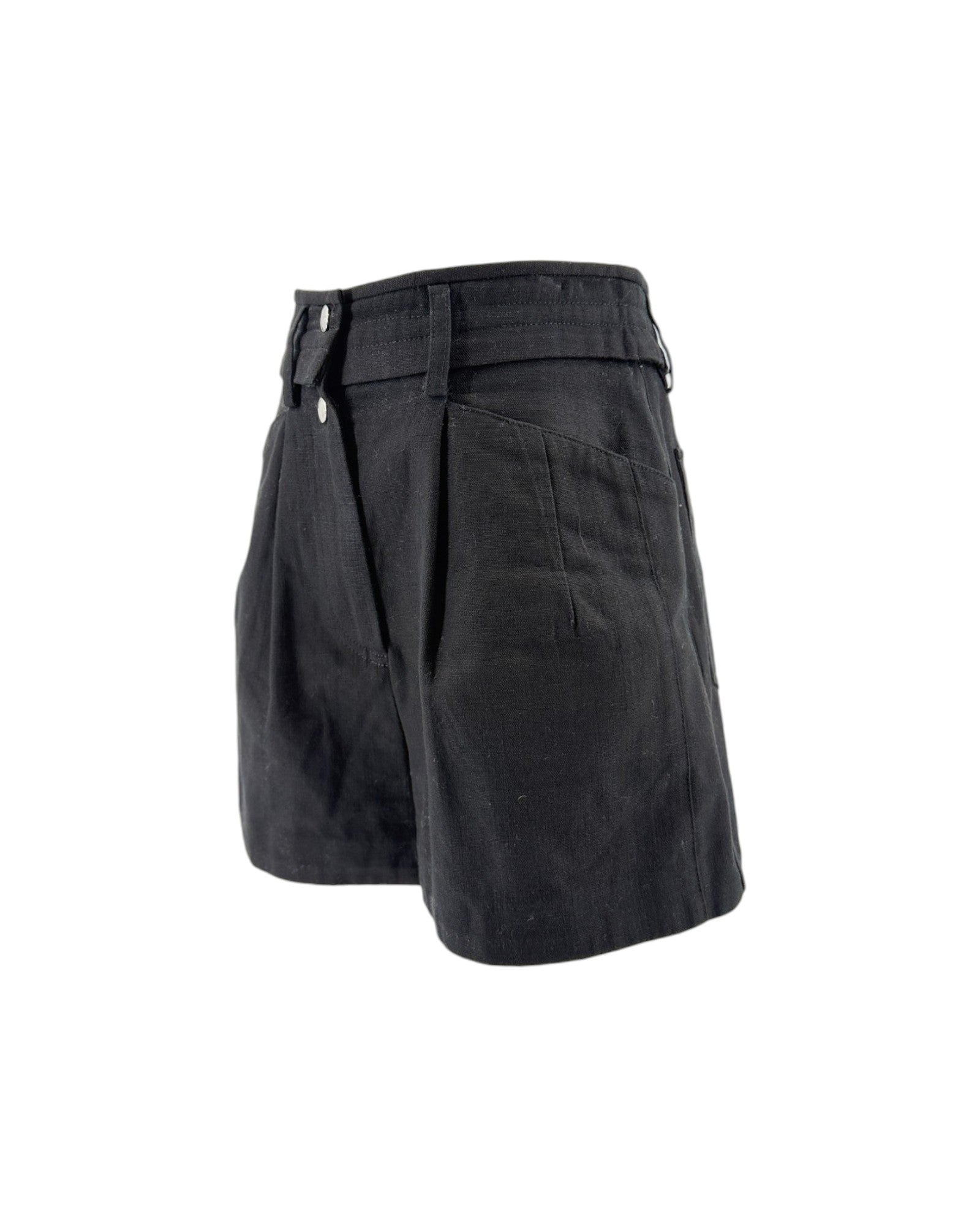 Black pleated shorts with a belt loop and button closure, shown from a three-quarter angle on a white background.