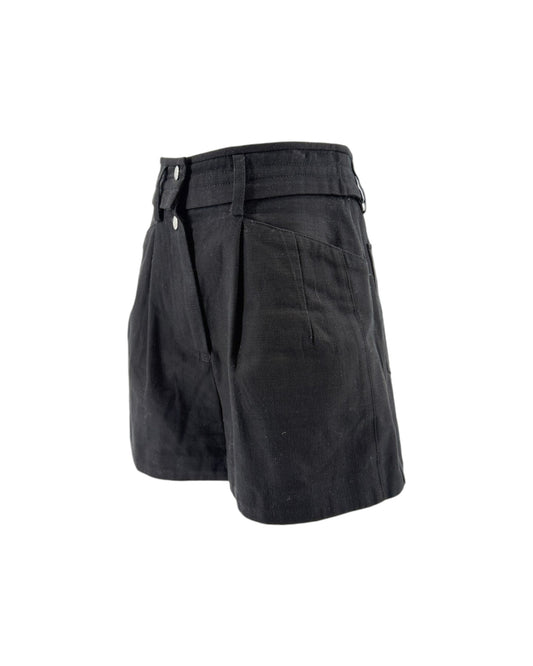 Black pleated shorts with a belt loop and button closure, shown from a three-quarter angle on a white background.