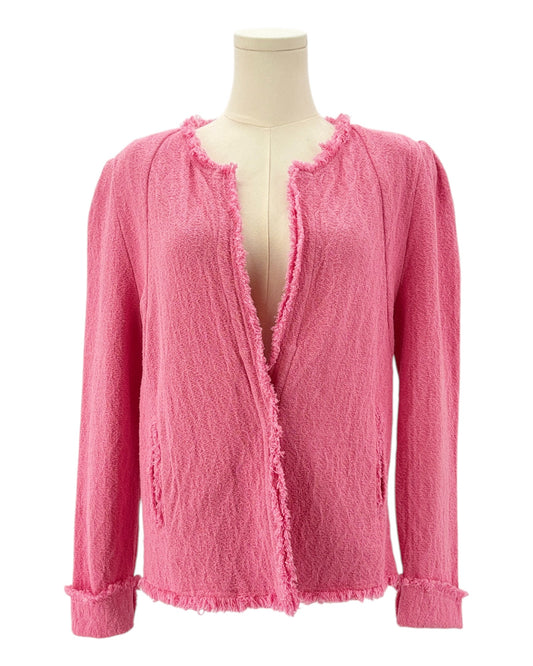 Pink textured jacket on a mannequin against a white background