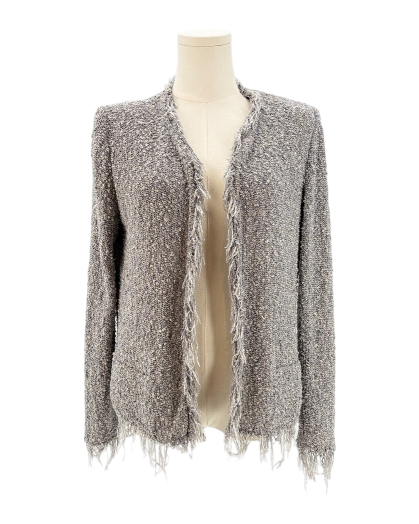 Gray textured cardigan with fringe on a mannequin against a white background