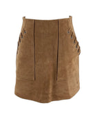 Brown suede skirt with button details on a white background