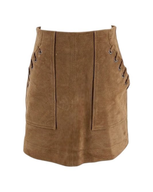 Brown suede skirt with button details on a white background