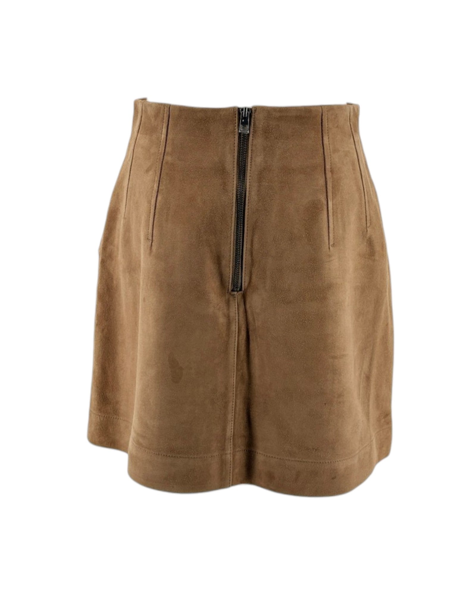 Brown suede shorts with a zipper on a white background