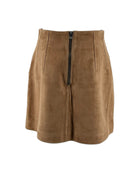 Brown suede shorts with a zipper on a white background