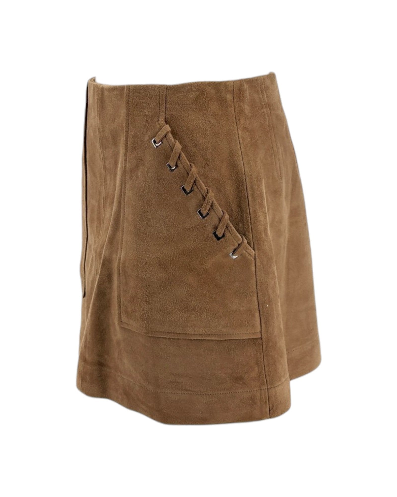 Brown suede skirt with lace-up front on a white background