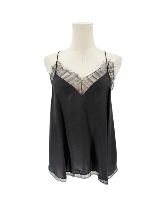 A black satin camisole slip with sheer black lace trim along the V-neckline and thin spaghetti straps, displayed on a cream mannequin torso against a white background.