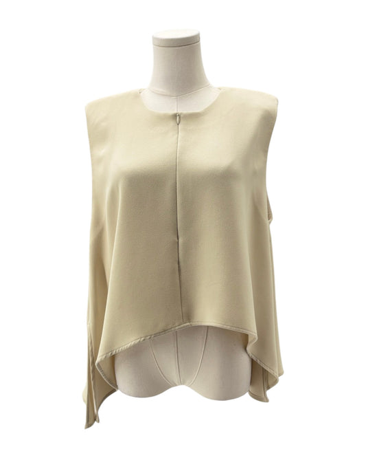 Beige sleeveless top on a mannequin against a white background