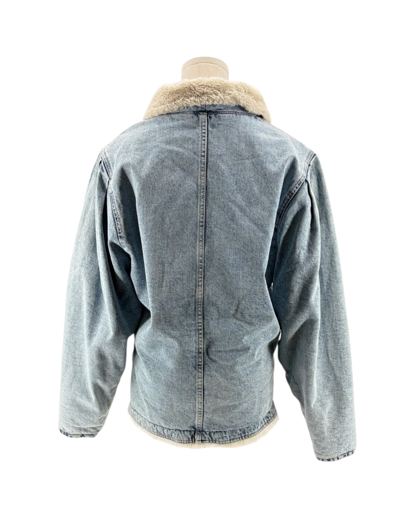 Back view of a denim jacket with shearling collar on a mannequin against a white background
