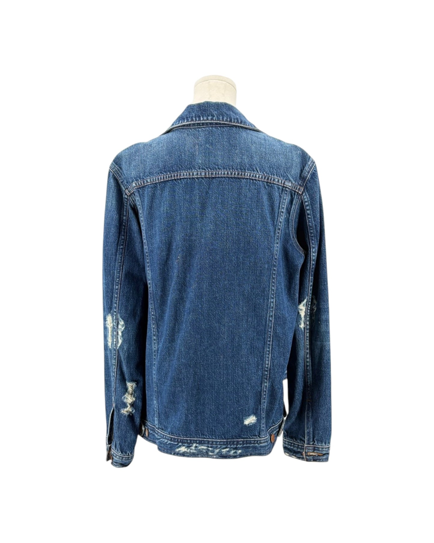 Blue denim jacket on a mannequin against a white background