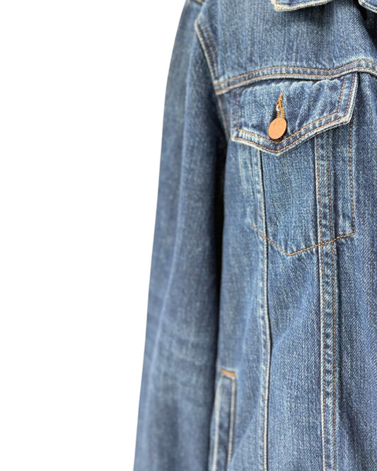 Blue denim jacket on a white background